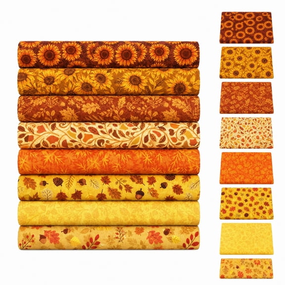 8 Pcs Fall Maple Leaf and Sunflower Print Quilting Fabric with 20 Inch Size for Diy Sewing and Patchwork