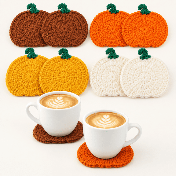 8 Pcs Fall Pumpkin Crochet Coasters 4 Inch Thanksgiving