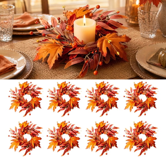 8 Pcs Fall Wreath Maple Leaf Wreath, 26cm Mini Autumn Candle Ring Wreath, Vibrant Orange Maple Leaf & Berry Design, Versatile Fall Decorations for Indoor Thanksgiving Home Decor