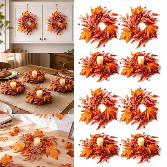 8 Pcs Fall Wreath, Mini 10.24 Inch Autumn Candle Ring Wreath with Berries, Small Fall Decorations for Cabinet Door, Fall Maple Leaf Wreath for Table Centerpiece & Thanksgiving Decor