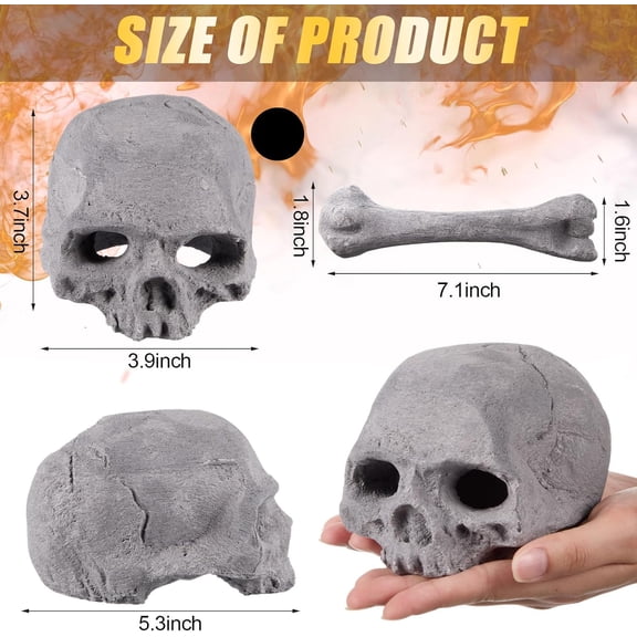 8 Pcs Fire Pit Skulls Bones Imitated Human Skull Reusable Ceramic Fiber Fireproof Skulls Bones Bonfire Accessories Fake for Outside Halloween Decor Propane Wood Fires(Gray)