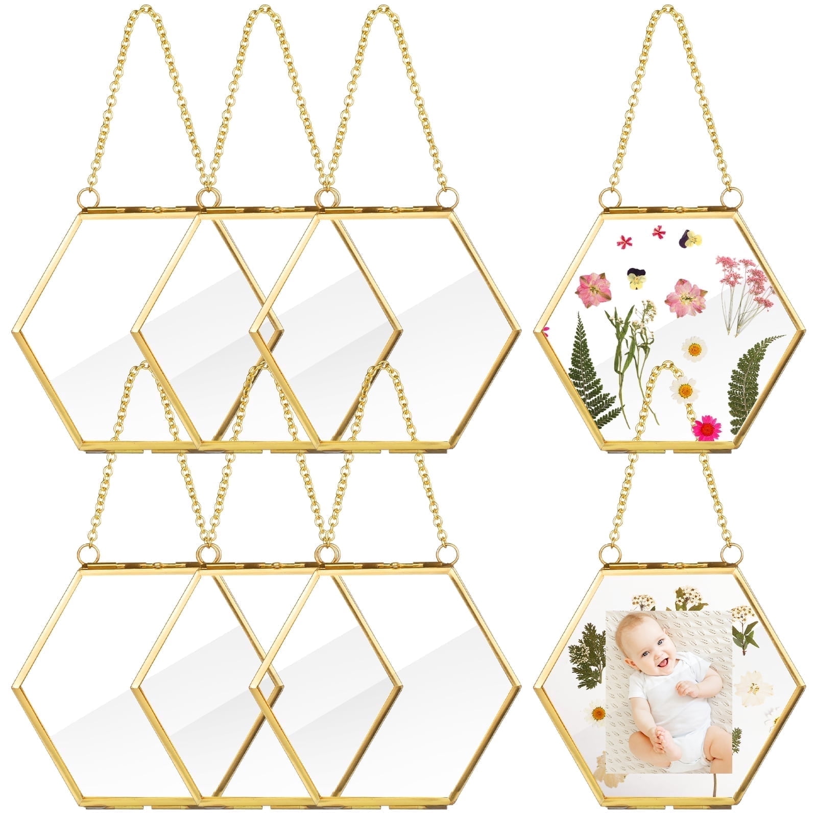 8 Pcs Hexagonal Glass Floating Frames – Gold Metal Pressed Flower Frames with Chains, Hanging Double-Sided Display for Dried Flowers, Photos & DIY Crafts