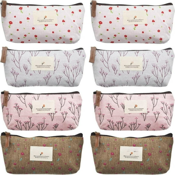 8 Pcs Floral Makeup Bag Gift Set, Durable Washable Canvas Pencil Pouches, Perfect Practical Present for Christmas, Birthday, Coworkers, Friends and Family