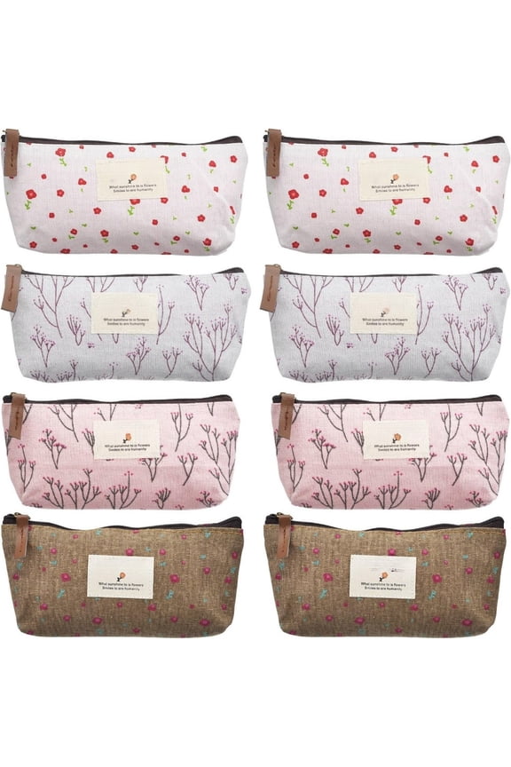 8 Pcs Floral Makeup Bag Gift Set, Durable Washable Canvas Pencil Pouches, Perfect Practical Present for Christmas, Birthday, Coworkers, Friends and Family
