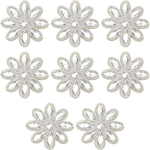 8 Pcs Flower Hotfix Rhinestone Appliques 2.2x2 Diameter Iron on Patches White Flower Rhinestone Appliques Dress Belt Embellishment Applique for Women Bridal Party Dress DIY