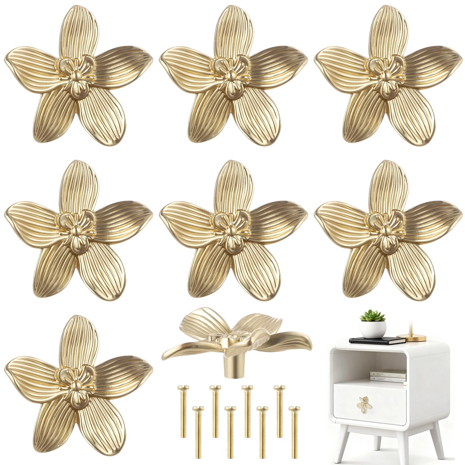 8 Pcs Flower Knobs, 2.4 in Brushed Gold Cabinet Knobs, Zinc Alloy Petal Knobs with Antique New Chinese Style, Single Hole Dresser Knobs 8 Pack for Furniture Renovation