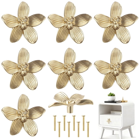 8 Pcs Flower Knobs, 2.4 in Brushed Gold Cabinet Knobs, Zinc Alloy Petal Knobs with Antique New Chinese Style, Single Hole Dresser Knobs 8 Pack for Furniture Renovation