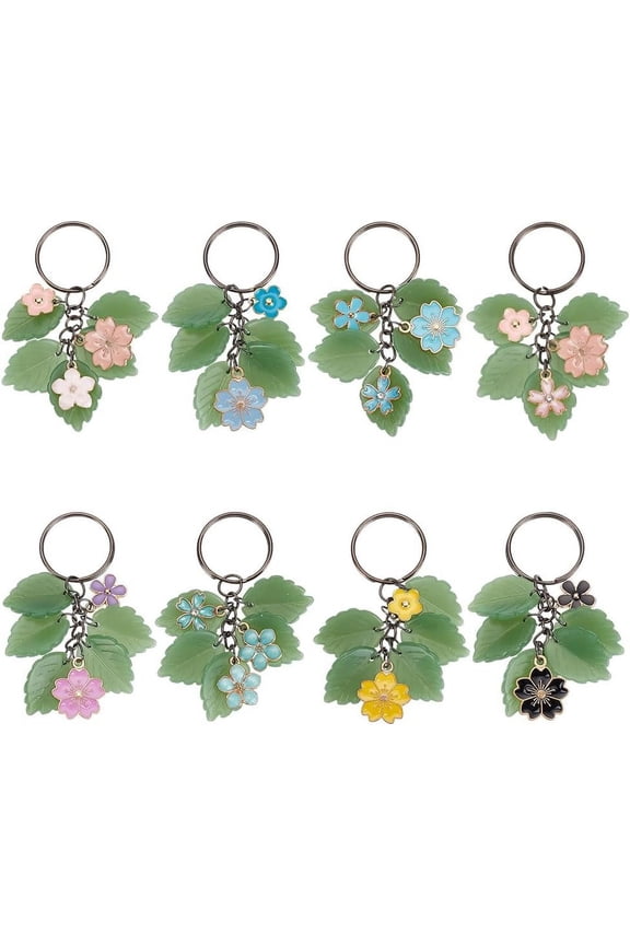 8 Pcs Flower Leaf Keychain Alloy Enamel Flower Keychain Glass Green Leaf Key Ring Flower Garden Keyring for Backpack Handbag Key Hanging Decoration Black DIY