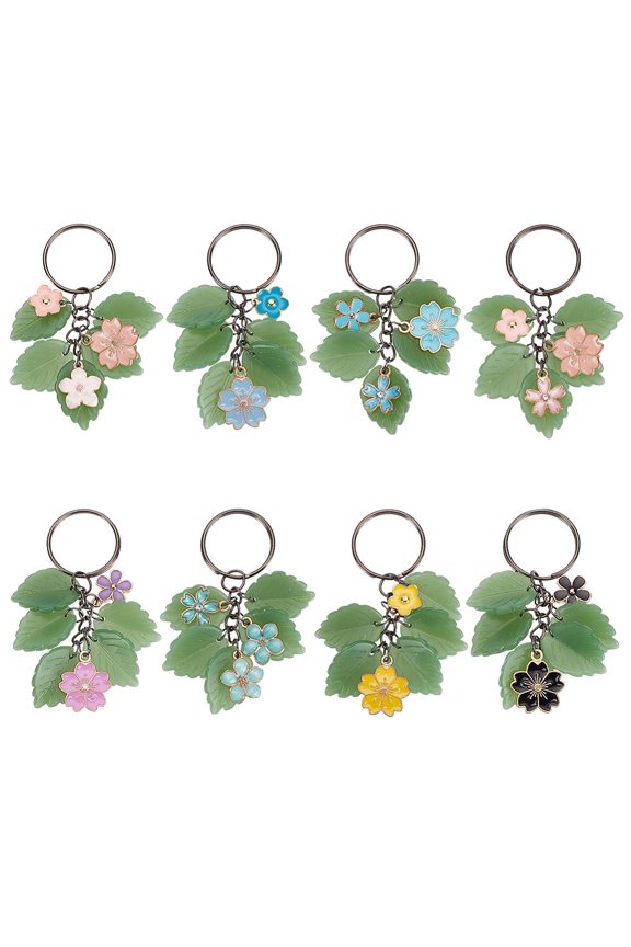 8 Pcs Flower Leaf Keychain Alloy Enamel Flower Keychain Glass Green Leaf Key Ring Flower Garden Keyring for Backpack Handbag Key Hanging
