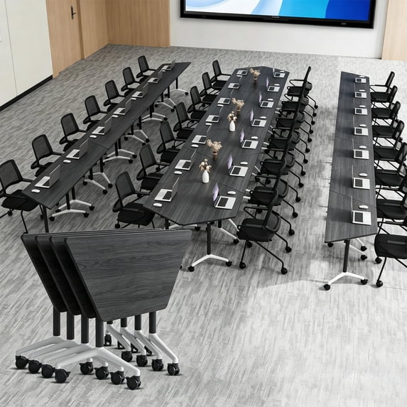 8 Pcs Folding Conference Table with Wheels,47.2in Flip-Top Conference Tables,Mobile Training Table for 2-12 Person,Trapezoid Design,for Classrooms & School Office Spaces(Ebony)