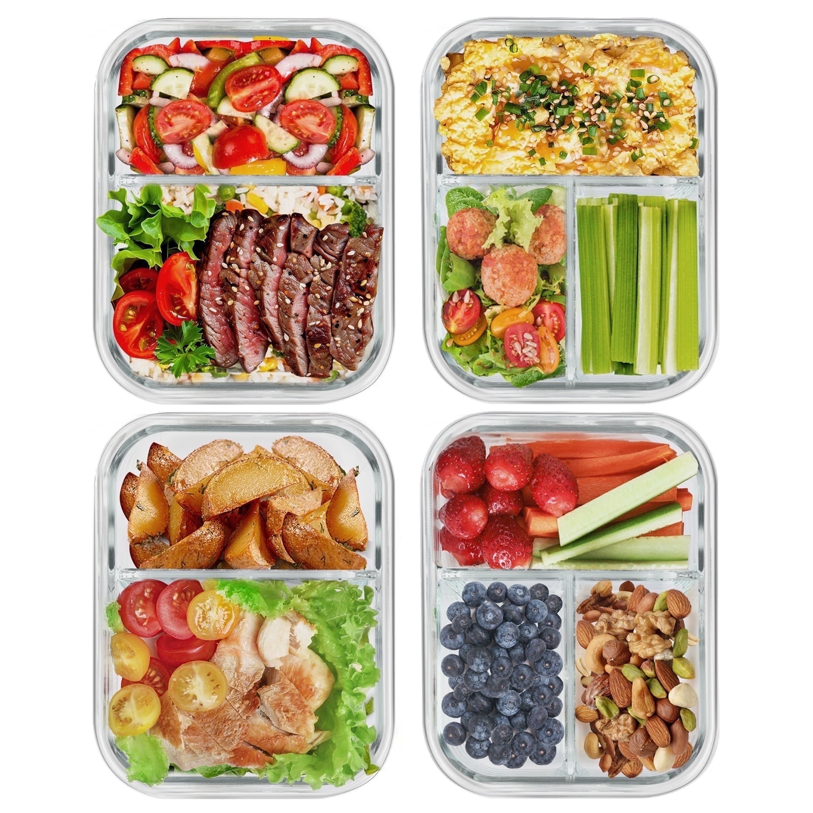 8 Pcs Glass Food Storage Containers with Lids, 2 & 3 Compartment Glass Airtight Meal Prep Containers (4 Containers & 4 Lids), Oven & Freezer Safe, Leak Proof - Grey
