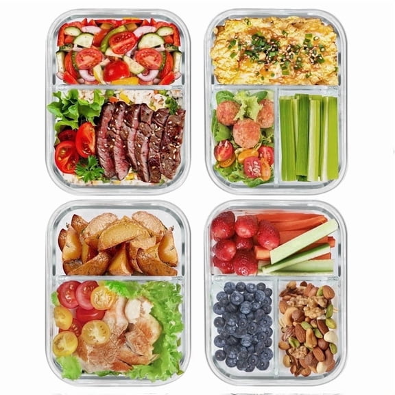 8 Pcs Glass Food Storage Containers with Lids, 2 & 3 Compartment Glass Airtight Meal Prep Containers (4 Containers & 4 Lids), Oven & Freezer Safe, Leak Proof