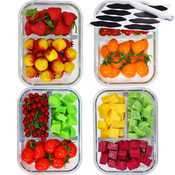 8 Pcs Glass Food Storage Containers with Lids, 2 & 3 Compartment Glass Airtight Meal Prep Containers (4 Containers & 4 Lids), Oven & Freezer Safe, Leak Proof
