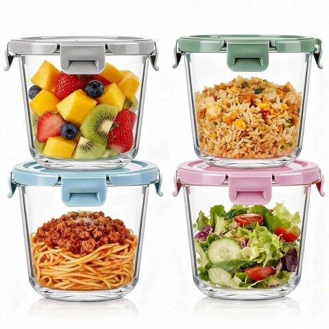 8 Pcs Glass Food Storage Containers with Airtight Lids, 3 Cup Round Lunch Box Jars for Soup Fruit Meal Prep - Microwave, Oven, Freezer Safe