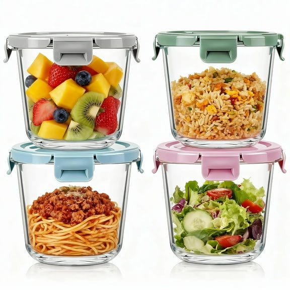 8 Pcs Glass Food Storage Containers with Airtight Lids, 3 Cup Round Lunch Box Jars for Soup Fruit Meal Prep - Microwave, Oven, Freezer Safe