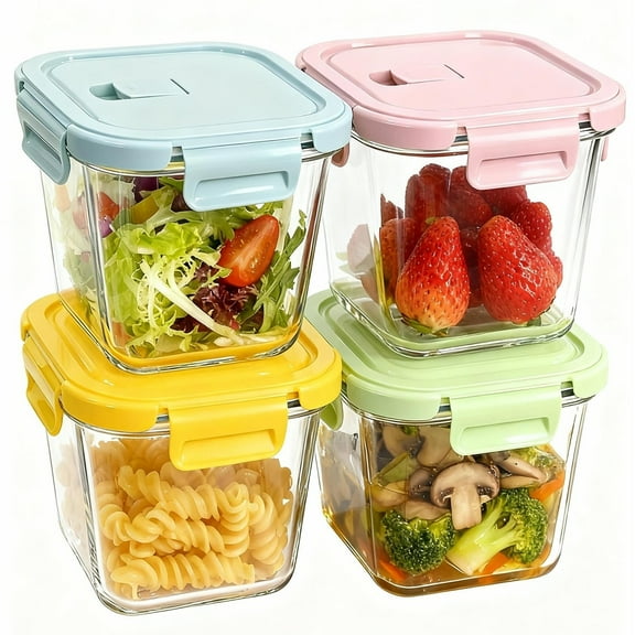 8 Pcs Glass Food Storage Containers with Lids, 4 Cup Airtight Soup Bowl, Square Meal Prep Jar for Fruit, Lunch, Freezer Microwave Safe