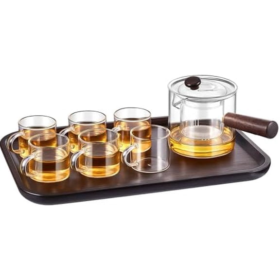 8 Pcs Glass Teapot Set 500ml Glass Teapot with Removable Infuser 6 Pcs 100ml Transparent Cups and Bamboo Tea Tray for Home Travel Office Outdoor Gifts$$Home Decor, Kitchen, & Other
