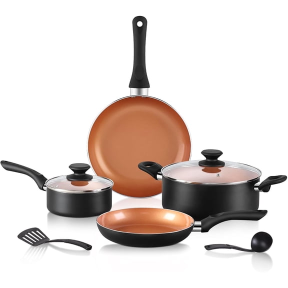 8 Pcs Gold Ceramic Nonstick Cookware Set with Frying Pans Saucepans Ladle and Shovel