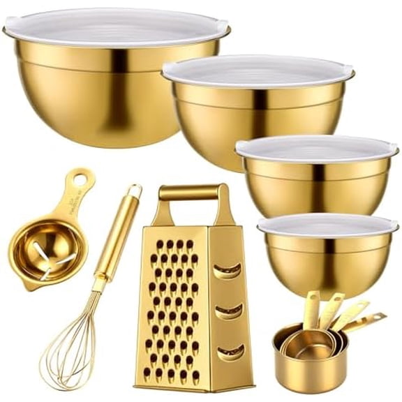 8 Pcs Gold Kitchen Accessories Set Includes 1.5/2/2.8/3.6 Qt Gold Mixing Bowls with Airtight Lids, 1 Set Stainless Steel Measuring Cups, Grater Slicer with Handle, Egg Beater, Egg Separator