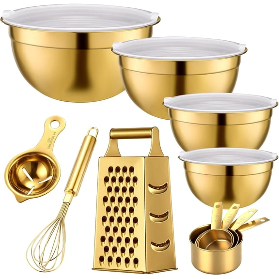 8 Pcs Gold Kitchen Accessories Set Includes 1.5/2/2.8/3.6 Qt Gold Mixing Bowls with Airtight Lids, 1 Set Stainless Steel Measuring Cups, Grater Slicer with Handle, Egg Beater, Egg Separator