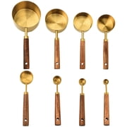8 Pcs Gold-Plated Stainless Steel Measuring Cups and Spoons Set, with Acacia Wood Handle, Metric & US Markings Metal Measure Cup & Spoon for Baking and Cooking