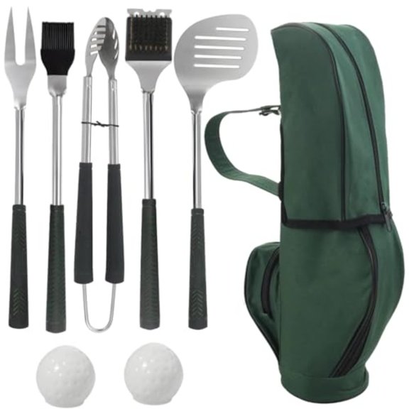 8 Pcs Golf BBQ Grilling Gifts Set Stainless Steel Grill Accessories Tools Utensils Kit with PP Handle Includes Spatula Fork Brush Clip Oil Brush 2 Seasoning Cans Storage Bag