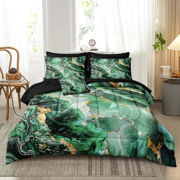 8 Pcs Green Gold Marble Comforter Set Queen King Size Comforter with Sheets Emerald Green King Bed in a Bag Aesthetic Decor Abstract Marble Bedding Set with 1 Comforter 4 Pillowcases 1 Flat Sheet 1 F