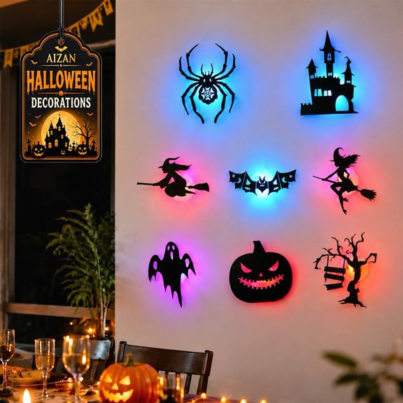 8 Pcs Halloween 3D WallMount Silhouette Light Decor Set, Spooky Themed Wall Sticker Ornaments with Glowing Backlight, Removable Wall Accents for Indoor Seasonal Creation