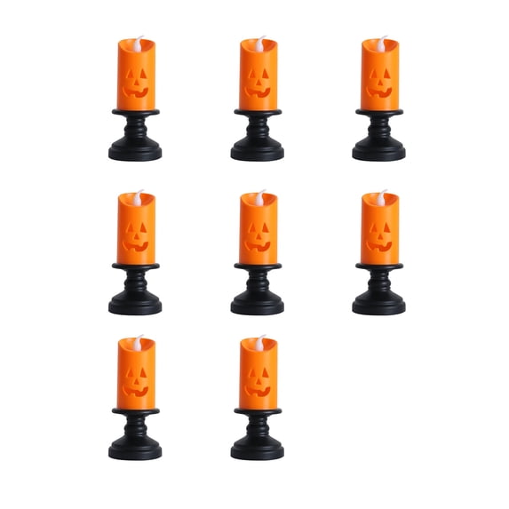 8 Pcs Halloween Pumpkin LED Flameless Candles with Black Candlestick,Battery Operated Flickering Candles for Mantel Tabletop Indoor Decor