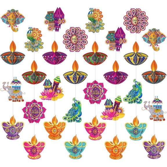 8 Pcs Happy Diwali Decor 39'' Indian Festival of Lights Party Hanging Decor Peacock Elephant Rangoli Diya 3D Cutouts Indian Diwali Deepavali Party Supplies for Doorway Curtain Window Ceiling