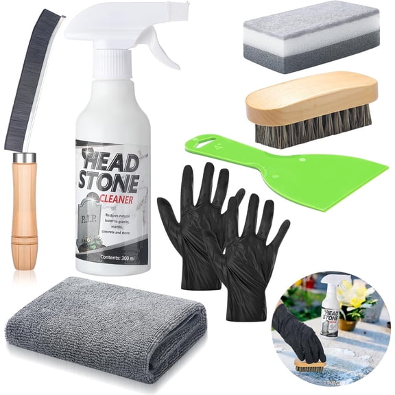 8 Pcs Headstone Cleaner Kit for Grave Cemetery Cleaning Granite and Stone Daily Cleaner Includes Spray Cloth Bristle Crevice Brush Scrub Brush Cleaning Sponge Disposable Gloves Plastic Scraper