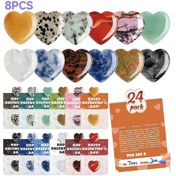 8 Pcs Heart Shaped Natural Stone Set Worry Stones for Valentine's Day Gifts, Classroom Exchange, Party Favors, Meditation & Anxiety Relief