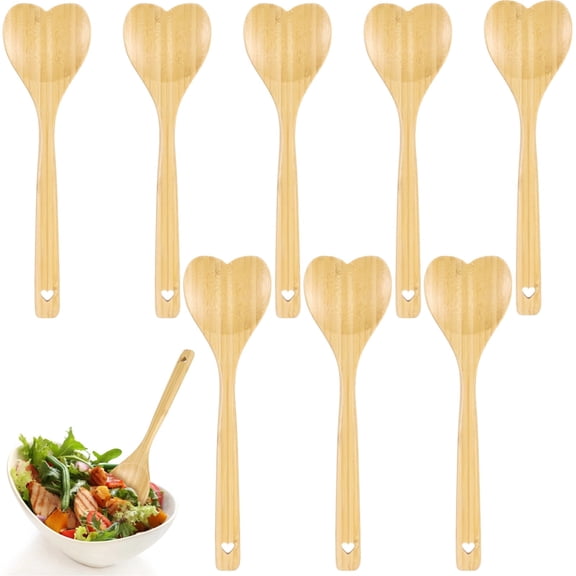 8 Pcs Heart Shaped Wooden Spoons – 11.8" Long Handle Kitchen Serving Utensils | Natural Wood Cooking Spoons with Hanging Hole for Baking, Mixing & Stirring
