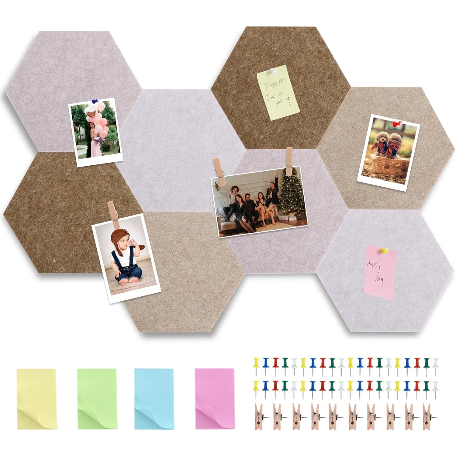 8 Pcs Hexagon Bulletin Board with 50 Pushpins & 10 Wooden Clip Pins Adhesive Cork Board for Wall，Felt Pin Board for School，Office Decor（Wood Brown）