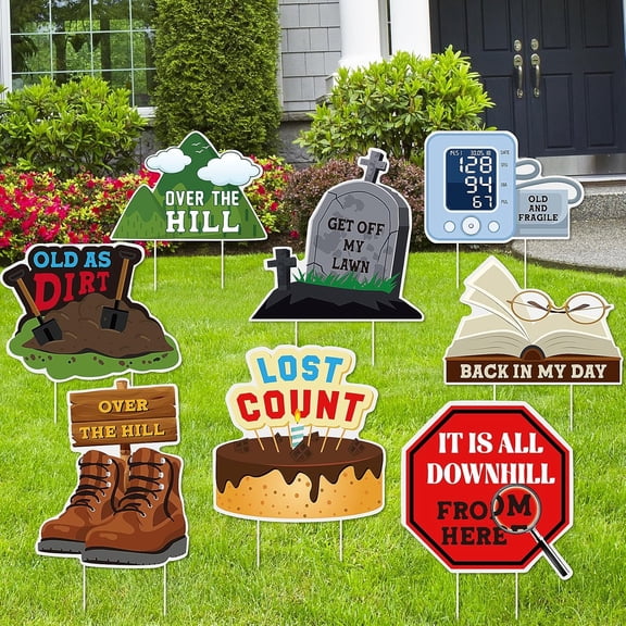 8 Pcs Over The Hill Yard Sign Waterproof Old People Birthday Decorations 40th 50th 60th Party Outdoor Lawn Garden Anniversary Retirement Party Themed Decorations Gift for Old Age Man Grandpa