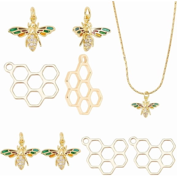 8 Pcs Honeycomb Bees Charms 2 Styles Real 18k Gold Plated Enamel Cubic Zirconia Bug Charms Pendant with Jump Ring Brass Animal Dangle Charms for Jewelry Making