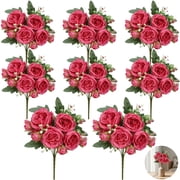8 Pcs Hot Pink Artificial Flowers, Lifelike 5-Head Plastic Rose Bunch, 11.8 x 8.7 x 1.0 in Fake Roses with Realistic Petals Greenery, Bendable Stems for Home Wedding Office Decor, Photography Props
