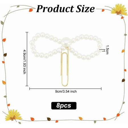 8 Pcs Imitation Pearl Paper Clips Pearl Bowknot Clips Metal Planner Paperclip Golden Long Ornament Paper Clips for Paper Document Note Sorting and Organizing 1.92 Inch