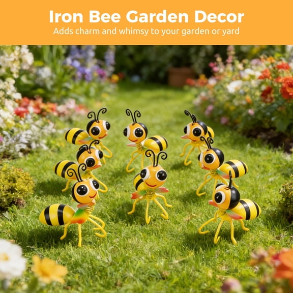 8 Pcs Iron Bee Garden Decor Set, long-lasting and weather-resistant, vivid, hand-painted bee decorations, rustproof outdoor bee decor for home, yard, fence, porch