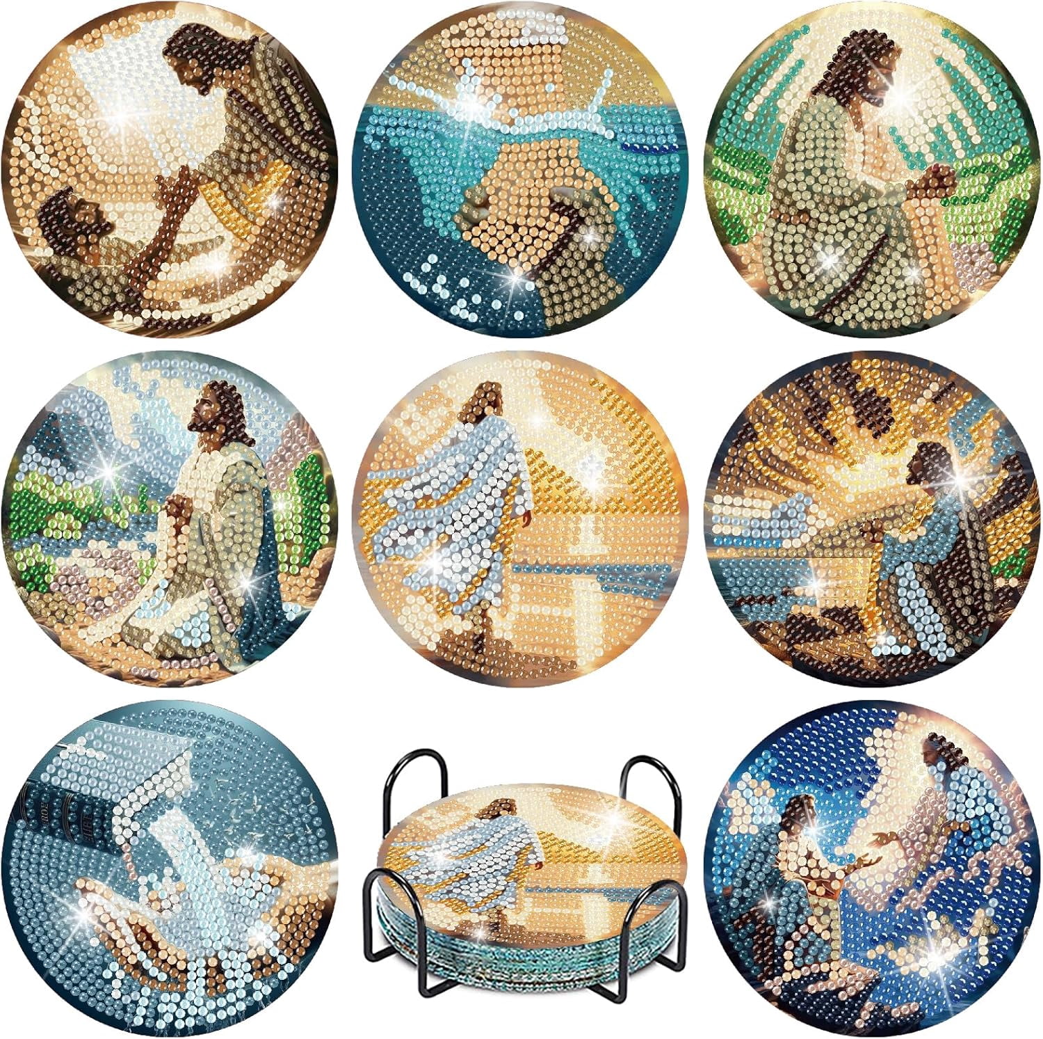 8 Pcs Jesus Diamond Art Coasters Kits with Holder, Sunrise Religious Diamond Painting Coasters Kits for Adults, DIY 5D Diamond Dots Small Mini Kit Full Drill Art Craft Supplies 4X4 Inch