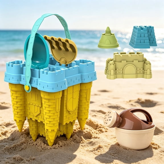 8 Pcs Kids Beach Sand Toy Set, Large Castle Bucket Molds Watering Can Shovel Rake Outdoor Seaside Pool Sandbox Play Toys