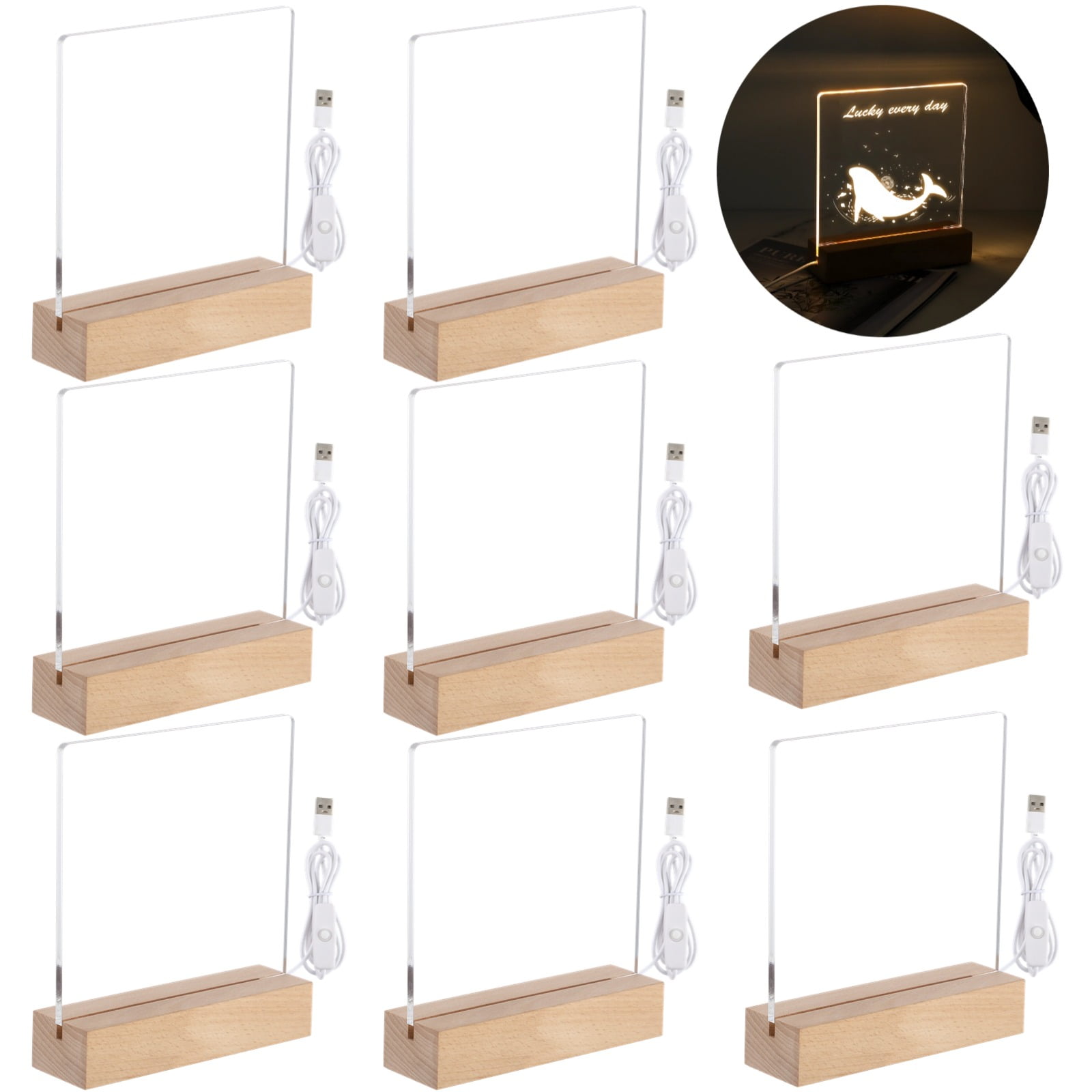 8 Pcs LED Wooden Display Stands, LED lamps with Acrylic Sheets, Transparent Acrylic Night Lights with USB Cables, Wooden Bases with Acrylic Boards for Writing, Drawing, DIY, Present