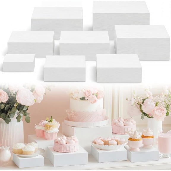 8 Pcs Large 8.7" Wood Risers Display Stands Rustic Square Cupcake Stand Food Risers Stackable Display Box for Buffet Table Dessert Food Birthday Wedding Party (White)