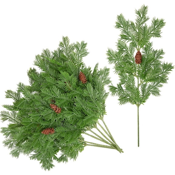 8 Pcs Large Artificial Pine Needles Branches- 16" x 7" Christmas Fake Greenery Pine Picks with Pinecone- Faux Pine Leaves Sprigs for Christmas Garland Wreath & Home Garden Decoration