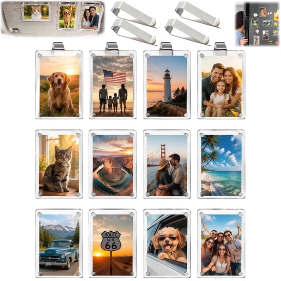 8 Pcs Magnetic Car Picture Holder Picture Frames 2.36x3.54 Inch Acrylic Frameless Clear Photo Frames with 2 Removable Clips For Fridge Car