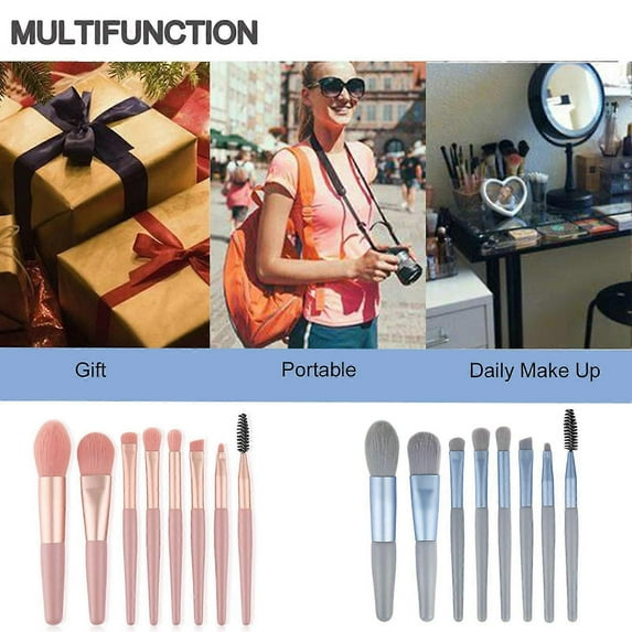 8 Pcs Makeup Brushes Set, Mini Travel Cosmetic Brushes Kit, Eye Shadow, Blue
