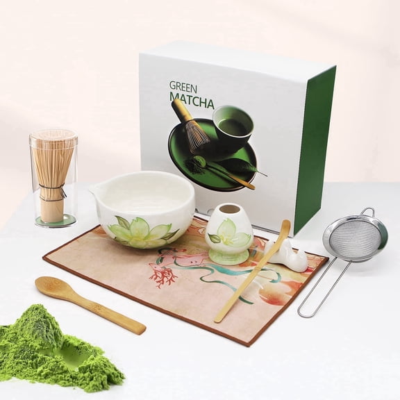 8 Pcs Matcha Whisk Set, Ceramic Matcha Kit Set Includes Matcha Bowl, Matcha Whisk and Holder, Bamboo Scoop,Wood Spoon,Scoop Rest, Sifter and Tea Towel-for Matcha Lovers(Lily)