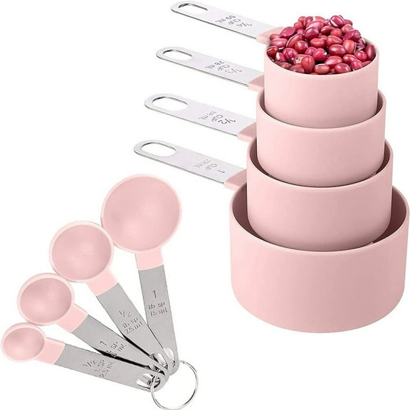8 Pcs Measuring Cups and Spoons Kit, with Stainless Steel Handles Pink