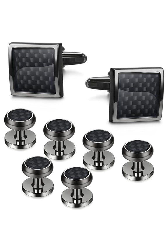 8 Pcs Men's Carbon Fiber Cufflinks & Studs Set, Silver Black Gold Tone, Classic Polished for Tuxedo, Business Suits and Wedding Attire
