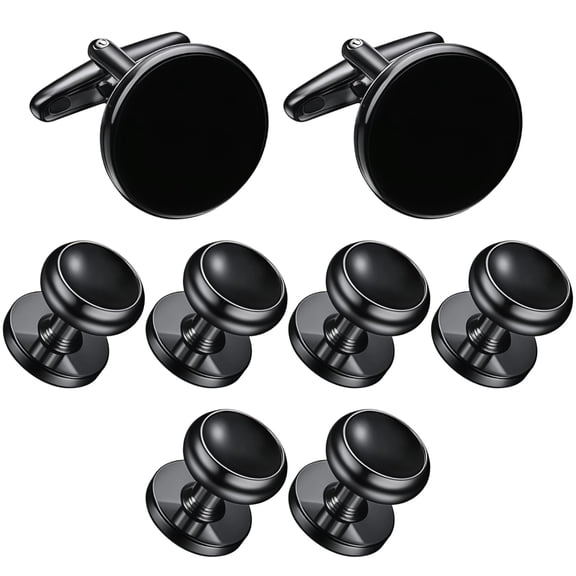 8 Pcs Men's Cufflinks Set, Black Round Cufflinks and Studs for Tuxedo, Smooth Finish, Quality Copper, Elegant Modern Design for Formal Occasions